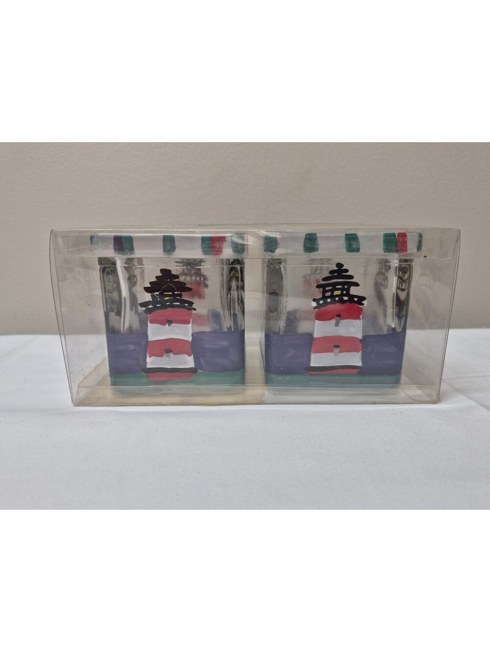 Huntington Set of 2 Lighthouse Hand-Painted Glass Votive Candle Holders J50